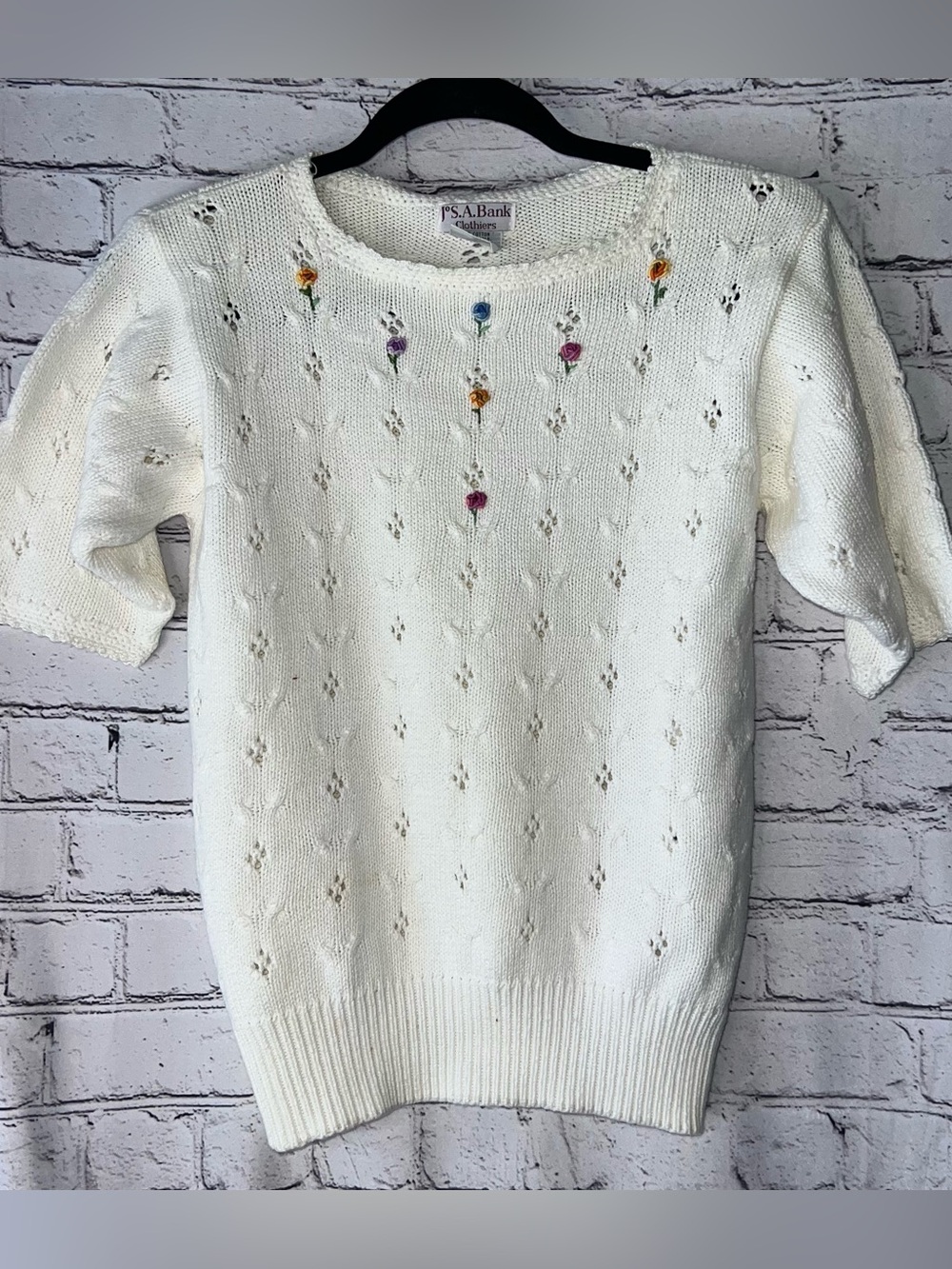 Jos. A. Banks Vintage Women’s Cotton Short Sleeve Sweater Embroidered Flower